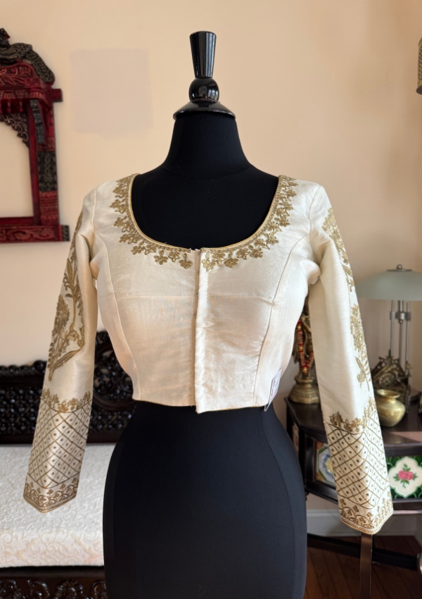 Ivory Gold Embroidered Silk Blouse